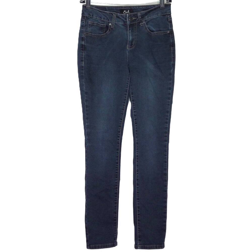 Earl Blue Jeans Denim Skinny Dark Wash Low Rise Stretch Logo Embroidered EUC 2